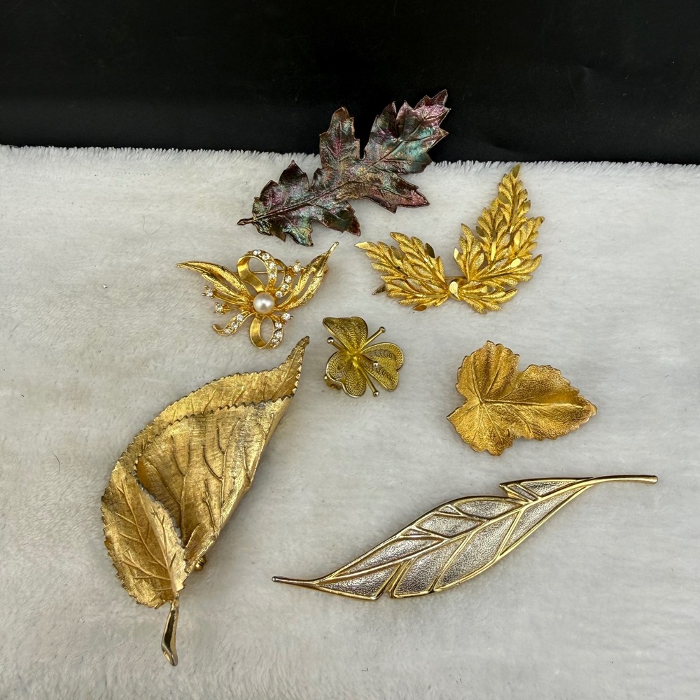 Vintage Brooch Lot Gold Tone Leaf Rhinestone Nature Jewelry